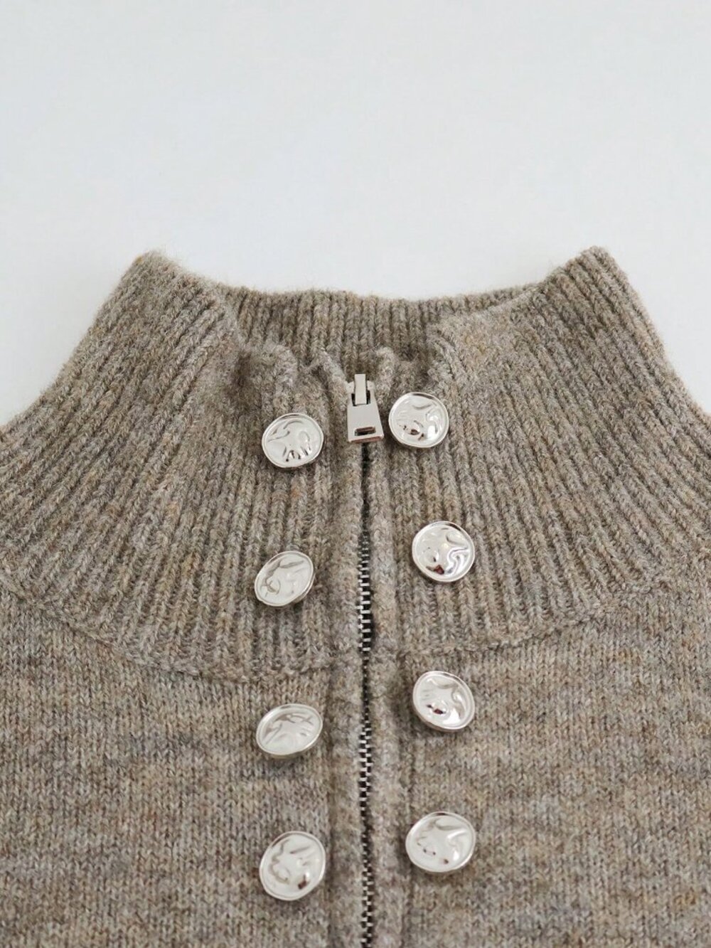 Casual Khaki Women's Knitted Turtleneck Cardigan - Picture 3 of 5